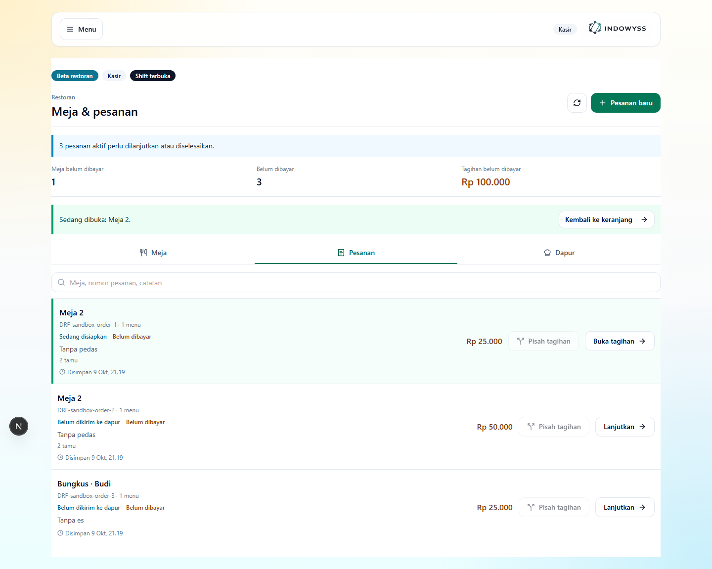 Restaurant Beta tables and bills in a demonstration environment.